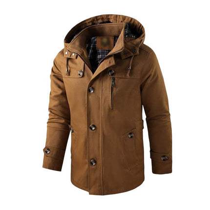 Men's Washed Cotton Hooded Coat | Warm Stand Collar | Mid-Length | Insulated Lining | Weather-Resistant | Rugged Casual Design | Multiple Pockets | Relaxed Fit | Adjustable Hood and Cuffs | Outdoor Ready | Machine Washable
