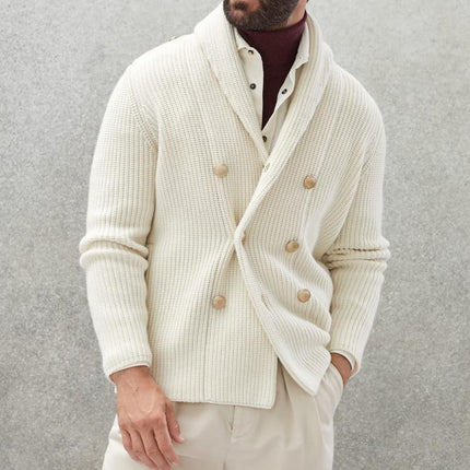 Men's Knitted Cardigan | Double Breasted | Lapel Design | Solid Color | High-Quality Fabric | Warm & Comfortable | Casual Fashion | Ribbed Details | Horn Buttons | Versatile Styling | Timeless Outerwear