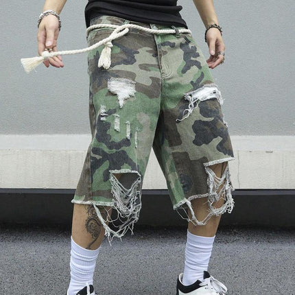 Men's Camouflage Ripped Cropped Trousers | Slim Fit | Cotton Spandex Blend | Vintage Washed | Casual Streetwear | Distressed Ankle Length Pants | Spring Summer Fall Fashion