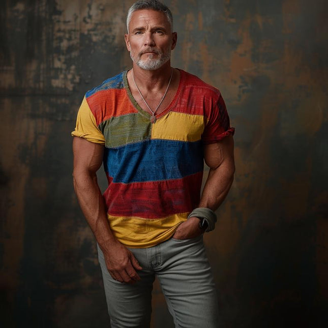 Men's V-Neck Colorblock Short Sleeve T-Shirt | Regular Fit | Soft Cotton Blend | Casual Style for Spring Summer | Sizes Available | Ideal for Everyday Wear | Machine Washable