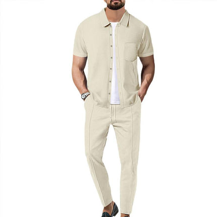 Men's Casual Two-Piece Outfit | Waffle Knit Set | Short Sleeve Shirt & Pants | Solid Color | Elastic Waist | Breathable Fabric | Side Pockets | Comfortable Loungewear | Ideal for Travel & Everyday Wear
