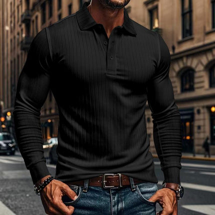 Men's Long Sleeve Polo Shirt | Casual Elastic Fit | Stretchy Fabric | Full-Length Sleeves | Classic Polo Collar | Button Placket | Available in Navy, Black, Gray, White, Burgundy | Comfortable & Versatile