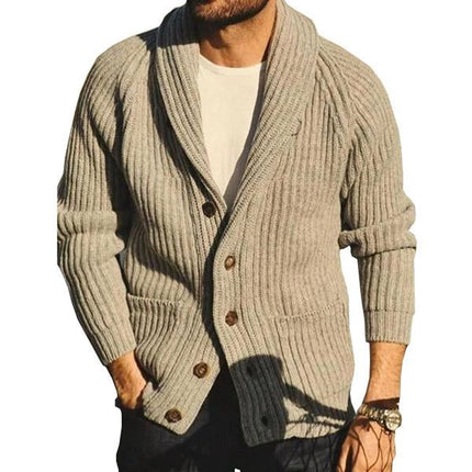 Men's Khaki Knit Lapel Jacket | Loose Fit Long Sleeve | Spring Autumn Winter Outerwear | Button Fastening | Machine Washable | Casual Streetwear