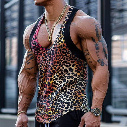 Men's Leopard Print Tank Top | U-Neck Patchwork Design | Cotton Blend | Sexy Sleeveless Shirt | Bold Fashion Statement | Comfortable & Breathable | Summer Casuals | Versatile Styling | Trendy Pattern
