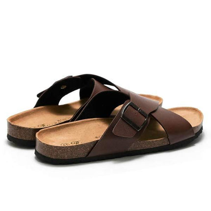 Men's Cross Strap Sandals | Soft Leather Upper | Cork Midsole | Slip-On Style | Durable EVA Outsole | Ideal for Summer Activities