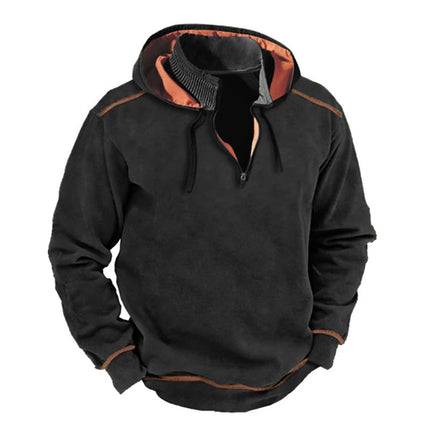 Men's Vintage Patchwork Hooded Sweatshirt | Stand Collar | Contrast Zipper | Retro 80s Style | Soft Cotton Blend | Adjustable Hood | Casual Streetwear | Warm Autumn Winter Top