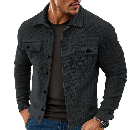 Men's Vintage Waffle Texture Jacket | Lapel Collar | Long Sleeve | Breathable Durable Fabric | Solid Colors Black, Dark Grey, Olive Green, Navy Blue | Classic Retro Style | Sizes S to 3XL