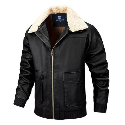 Men's Leather Jacket | Casual Plush Lapel Coat | Soft Leather Outerwear | Regular Fit | Hip-Length | Plush Collar Warmth | Solid Color Design | Versatile for Fall & Winter | Long Sleeves | Chic Rugged Look