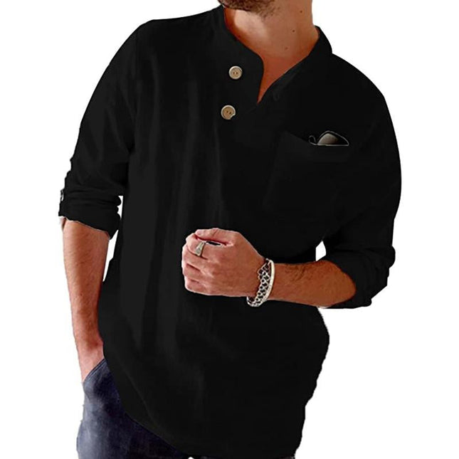 Men's Long Sleeve Shirt | Cotton Linen Blend | Casual Loose Fit | Solid Color | Roll-Up Sleeves | Breathable Comfortable Wear | Versatile for Casual or Semi-Formal | Sustainable Eco-Friendly