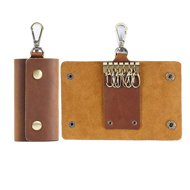 Cowhide Key Case for Men | Retro Casual Style | Waist Hanging Design | Button Closure | Short Length | Hook Element | Plain Pattern