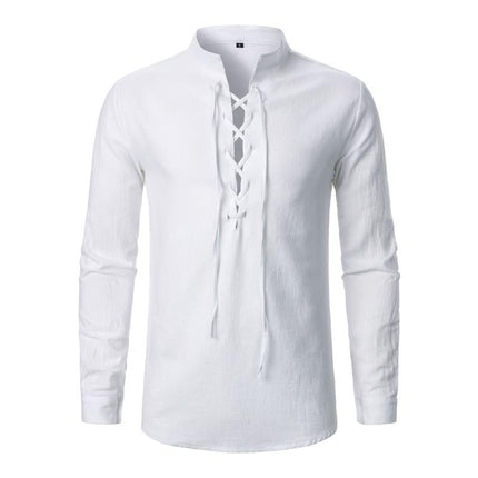 Men's Casual Long Sleeve Shirt | Cotton Linen Blend | Lace-up V-Neck | Breathable Lightweight | Relaxed Fit | Perfect for Beachwear or Travel | Comfortable and Stylish Wardrobe Essential