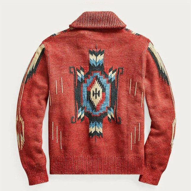 Men's Vintage Knit Cardigan | Classic Jacquard Patterns | Lapel Collar | Single Breasted | Long Sleeves | Soft Cotton Acrylic Blend | Functional Pockets | Versatile Style for Semi-Formal & Casual Wear