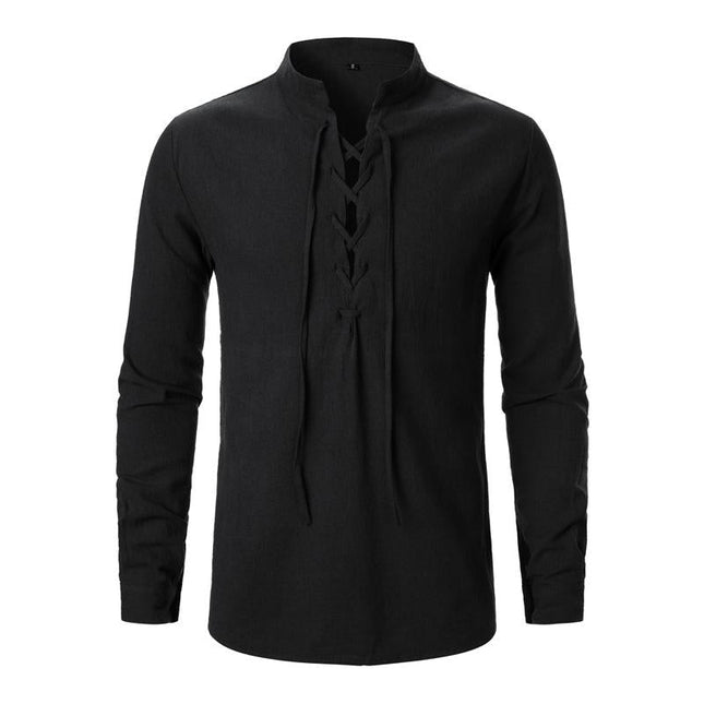 Men's Casual Long Sleeve Shirt | Cotton Linen Blend | Lace-up V-Neck | Breathable Lightweight | Relaxed Fit | Perfect for Beachwear or Travel | Comfortable and Stylish Wardrobe Essential