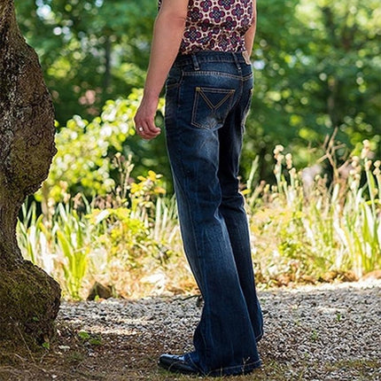 Men's Vintage Washed Denim Flared Jeans | Distressed Details | Retro 5-Pocket Style | Button Fly | Mid-Rise Waist | Classic Design | Trendy Men's Fashion | Durable Denim | Stylish Vintage Look
