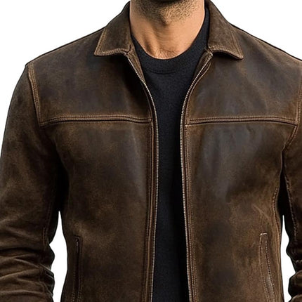 Men's Vintage Distressed Leather Jacket | Genuine Premium Leather | Sleek Fitted Design | Full-Length Zipper | Long Sleeves | Classic Black or Brown | Handcrafted Durable Outerwear | Timeless Style for Everyday Wear