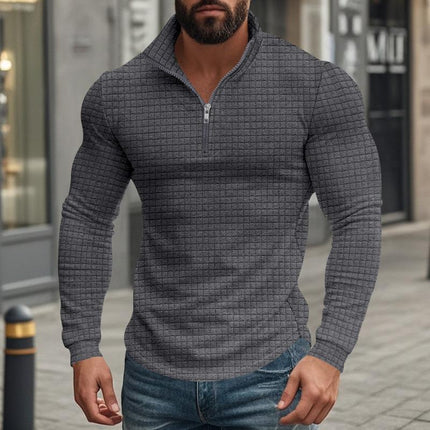 Men's Long Sleeve T-Shirt | Half-Zip Stand Collar | Small Square Pattern | Modern Style | Breathable Fabric | Comfortable Fit | Versatile Layering | Casual & Smart-Casual Wear