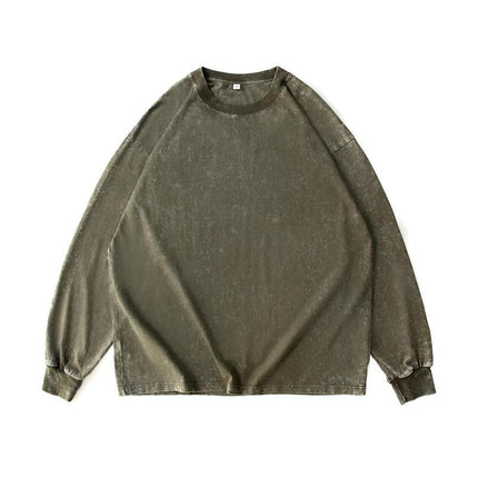 Men's Cotton Long Sleeve T-Shirt | Washed Distressed Vintage Look | Crewneck Casual Style | Soft & Breathable Premium Fabric | Perfect for Layering | Relaxed Fit | Ribbed Cuffs