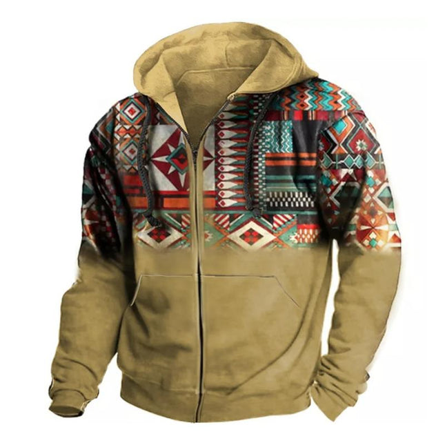 Men's Hooded Zipper Hoodie | Retro Ethnic Geometric Print | Casual Sweatshirt | Blended Fabric | Long Sleeve | Regular Fit | All Season Wear | Multiple Sizes