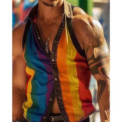 Men's Sleeveless Shirt | Rainbow Striped Patchwork | Lapel Collar | Slim Fit | Casual Wear | High-Quality Fabric | Perfect for Spring and Summer | Versatile Fashion Statement