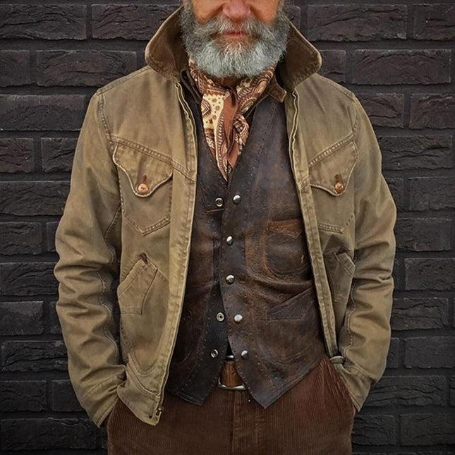 Men's Vintage Distressed Jacket | Multi-Pocket | Lapel Collar | Zipper Closure | Long Sleeve | Polyester Fabric | Straight Hem | Machine Washable | Casual Outerwear