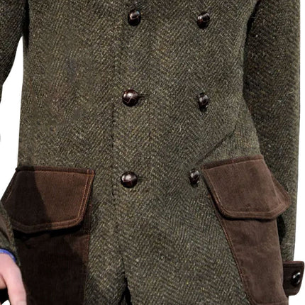 Vintage Herringbone Wool Suede Patchwork Coat | Double-Breasted Jacket | Men's Outerwear | Casual Winter Blazer | Elegant Buttoned Design | Sophisticated Fashion | Warm Luxury Textures | Unique Textured Details | Versatile Style