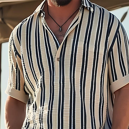 Men's Striped V-Neck Short Sleeve Shirt | Classic Lapel Collar | Summer Cotton Fabric | Breathable & Comfortable | Casual Style | Versatile Spring & Summer Wear | Pairs with Jeans & Chinos
