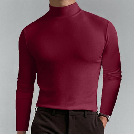Men's Long Sleeve T-Shirt | High Neck | Solid Color | Fitted Cut | Casual Wear | Breathable Fabric | Versatile Styling | Suitable for Fall Winter | Modern Silhouette | Comfortable Everyday Top