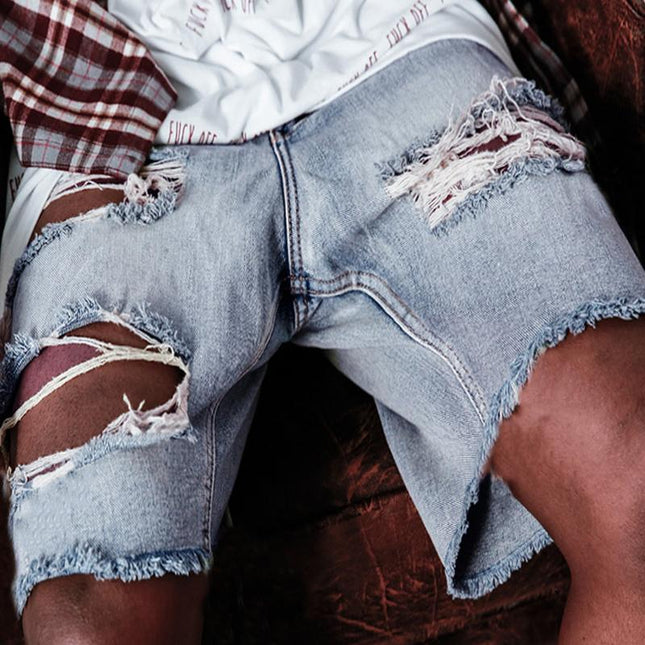 Men's Casual Vintage Ripped Denim Shorts | Loose Fit | Micro Elastic | Mid-Rise Waist | Distressed Washed | Multi-Pocket Design | Ideal for Summer | Beach, Outing, Vacation