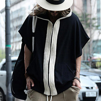 Men's Hooded Sweatshirt Jacket | Loose Fit | Short Sleeve | Color Block Design | Cotton Blend | Casual Outdoor Wear | Spring Summer Fall