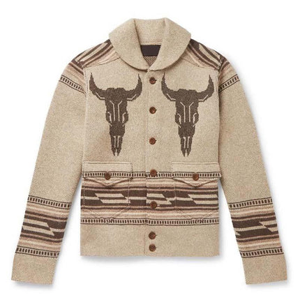 Men's Vintage Jacquard Cardigan | Lapel Collar | Single Breasted Knit | Soft Cotton Acrylic Blend | Intricate Pattern | Long Sleeves with Pockets | Easy Care | Multiple Sizes Available | Versatile Layering Piece