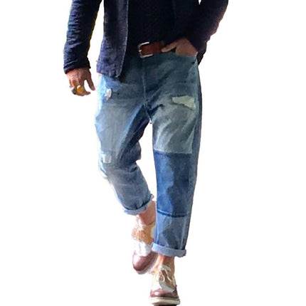 Men's Vintage Washed Distressed Patchwork Jeans | High-Quality Denim | Comfortable Fit | Stylish Rugged Look | Authentic Texture | Patchwork Detailing | Casual Everyday Wear | Button and Zipper Closure | Classic Five-Pocket Styling