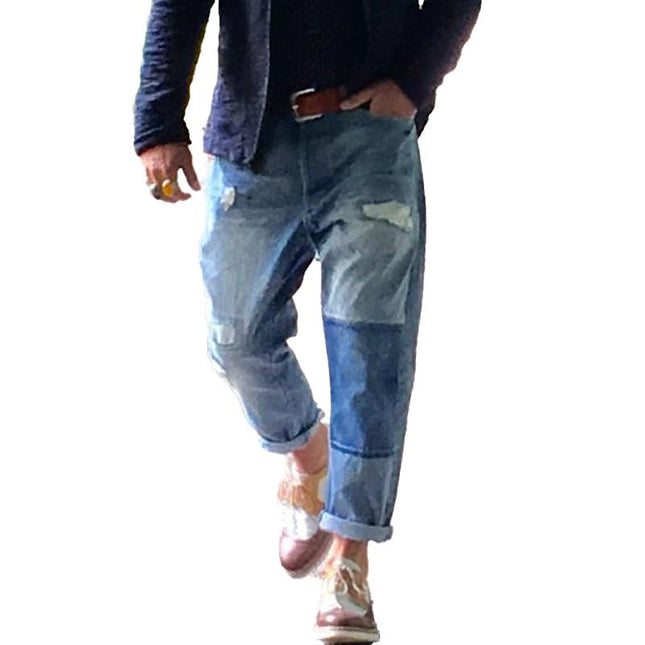 Men's Vintage Washed Distressed Patchwork Jeans | High-Quality Denim | Comfortable Fit | Stylish Rugged Look | Authentic Texture | Patchwork Detailing | Casual Everyday Wear | Button and Zipper Closure | Classic Five-Pocket Styling