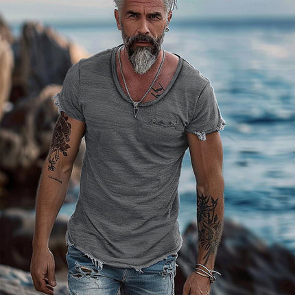 Men's Retro T-Shirt | Solid Color | Round Neck | Raw Edge Short Sleeve | Casual Fit | Vintage Inspired | Breathable Cotton | Versatile Style | Comfort All Seasons | Great with Jeans or Shorts