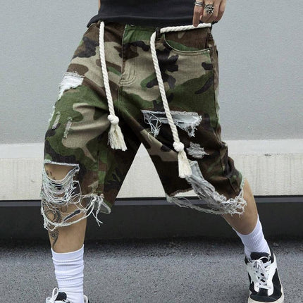 Men's Camouflage Slim Fit Cropped Trousers | Washed Ripped Distressed Design | Durable Cotton Spandex Blend | Vintage Soft Feel | Breathable Fabric | Casual Streetwear | Edgy Modern Style | Trendy Ankle Length