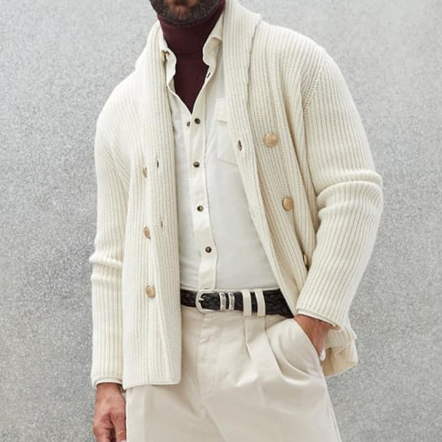Men's Knitted Cardigan | Double Breasted | Lapel Design | Solid Color | High-Quality Fabric | Warm & Comfortable | Casual Fashion | Ribbed Details | Horn Buttons | Versatile Styling | Timeless Outerwear