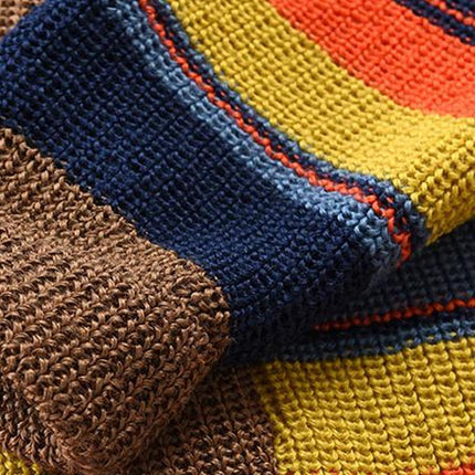 Men's Rainbow Stripe V-Neck Knit Sweater | Vintage Style | Soft Knitted Fabric | Relaxed Fit | Casual Outerwear | Autumn Winter Spring | Machine Washable | Classic Fit | Stylish and Warm