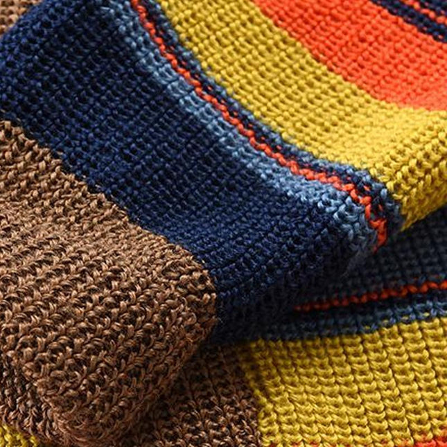 Men's Rainbow Stripe V-Neck Knit Sweater | Vintage Style | Soft Knitted Fabric | Relaxed Fit | Casual Outerwear | Autumn Winter Spring | Machine Washable | Classic Fit | Stylish and Warm
