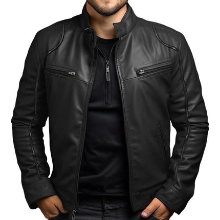 Men's Leather Jacket | Vintage Style Stand Collar | Slim Fit Zipper Jacket | High-Quality Leather | Modern Urban Fashion | Casual Elegance | Versatile Outerwear | Timeless Design