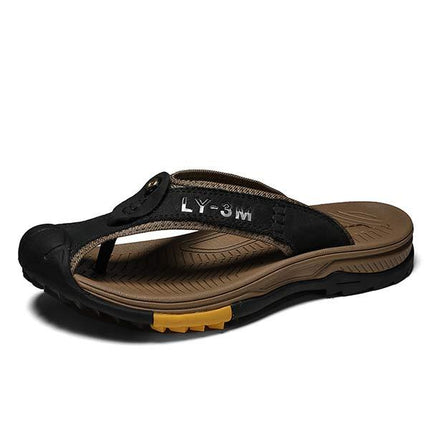 Men's Non-Slip Beach Slippers | Wear-Resistant Sandals | Anti-Collision Toe Cap | Durable Leather Upper | Rugged Rubber Outsole | Great Traction & Durability