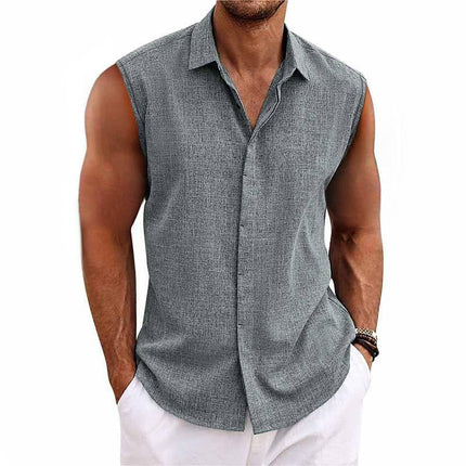 Men's Sleeveless Shirt | Solid Color Lapel | Cotton Linen Blend | Breathable & Durable | Classic Timeless Design | Ideal for Casual & Warm Weather | Versatile Pairing with Jeans or Trousers