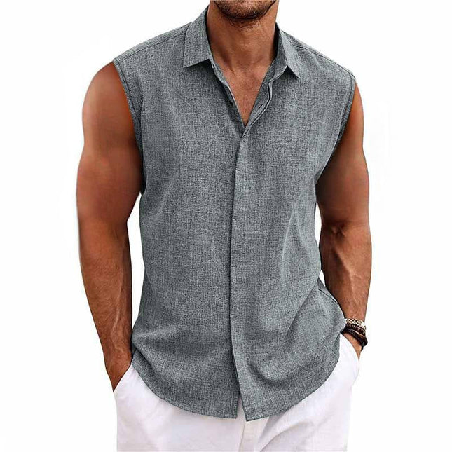 Men's Sleeveless Shirt | Solid Color Lapel | Cotton Linen Blend | Breathable & Durable | Classic Timeless Design | Ideal for Casual & Warm Weather | Versatile Pairing with Jeans or Trousers