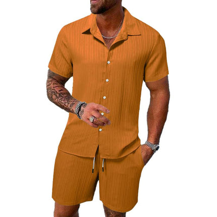 Men's Casual Set | Solid Color Striped Lapel Shirt | Short Sleeve | Tailored Shorts | Premium Fabric | Versatile Outfit | Stylish Designs | Comfortable Fit