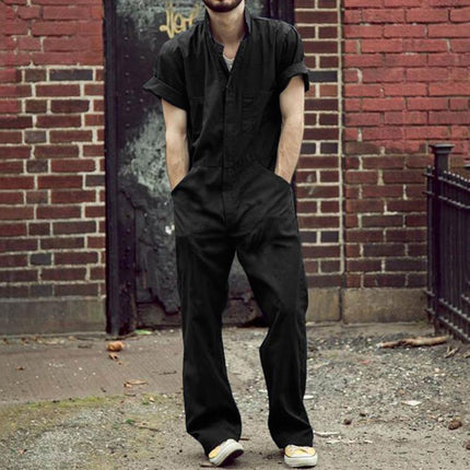 Men's Cargo Jumpsuit | Multi-Pocket Design | Casual Overall | Short Sleeve Lapel | Polyester Fabric | Plain Pattern | Four Seasons Wear | Outdoor & Travel Ready | Versatile Occasion Suitability