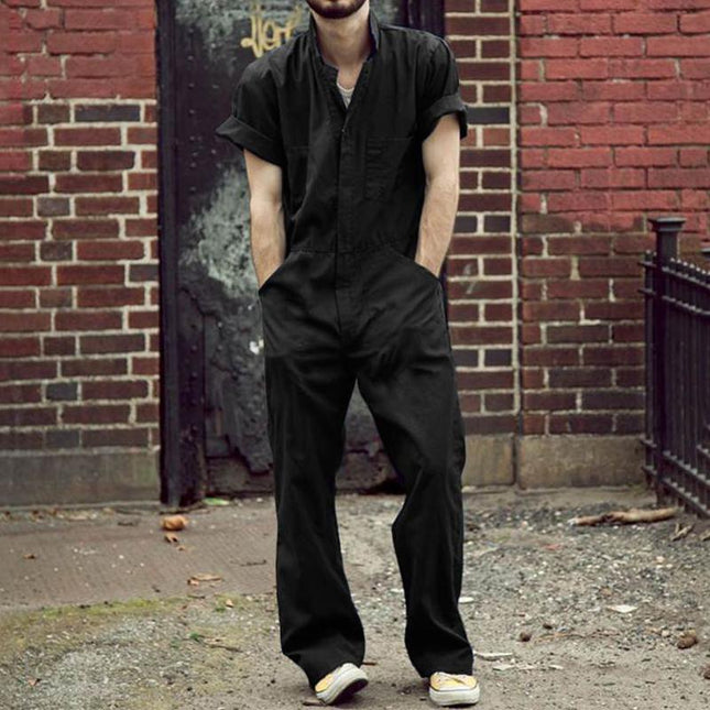 Men's Cargo Jumpsuit | Multi-Pocket Design | Casual Overall | Short Sleeve Lapel | Polyester Fabric | Plain Pattern | Four Seasons Wear | Outdoor & Travel Ready | Versatile Occasion Suitability