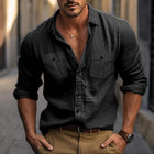 Men's Cotton Linen Long Sleeve Shirt | Double Chest Pockets | Solid Color | Classic Collar & Timeless Design | Lightweight & Breathable Fabric | Casual & Formal Wear | Versatile Year-Round Shirt