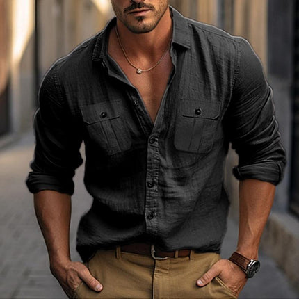 Men's Cotton Linen Long Sleeve Shirt | Double Chest Pockets | Solid Color | Classic Collar & Timeless Design | Lightweight & Breathable Fabric | Casual & Formal Wear | Versatile Year-Round Shirt