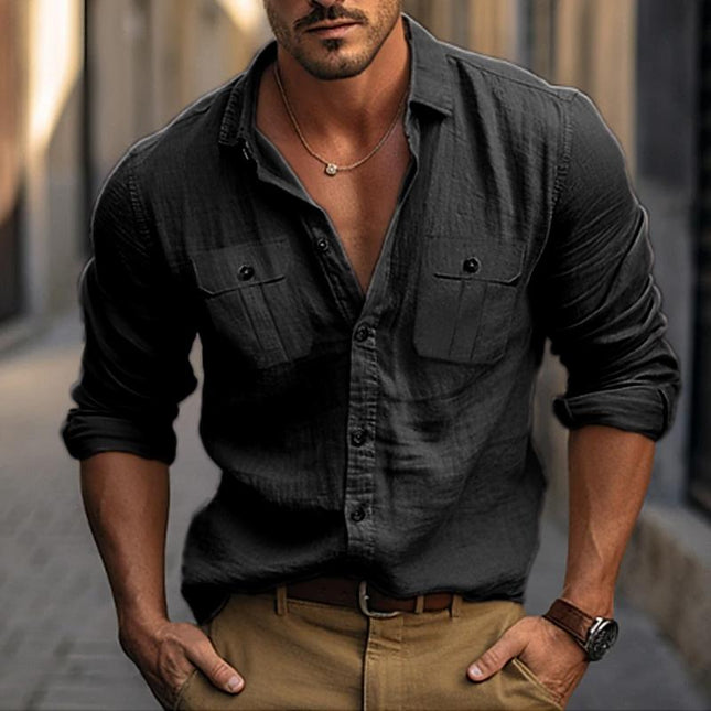 Men's Cotton Linen Long Sleeve Shirt | Double Chest Pockets | Solid Color | Classic Collar & Timeless Design | Lightweight & Breathable Fabric | Casual & Formal Wear | Versatile Year-Round Shirt