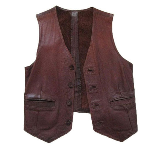 Vintage Leather Vest | 1960s-70s Men's Custom Handcrafted | Brown | Provincetown | Front Pockets | Four Leather Buttons | Chestnut Brown Outerwear