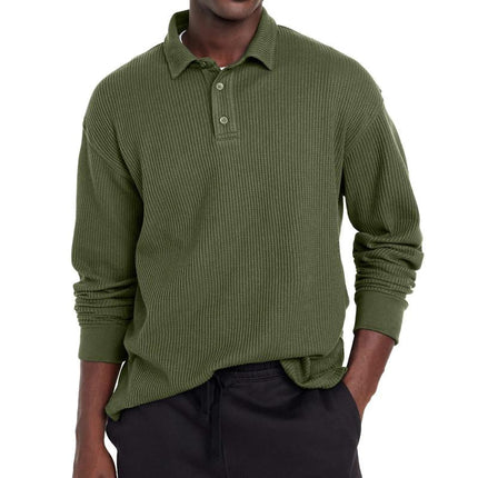 Men's Tailored Fit Polo Shirt | Solid Color | Button Lapel Collar | Long Sleeve | Cotton Blend Fabric | Casual & Semi-Formal | Versatile Styling | Breathable & Durable | Perfect for Transitional Weather