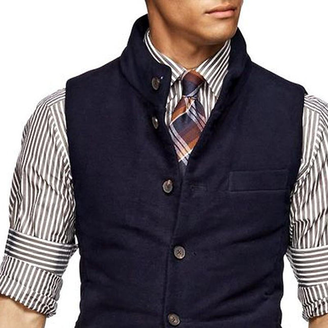 Men's Vintage Suede Vest | Stand Collar | Single Breasted | Tailored Fit | High-Quality Fabric | Solid Color | Sleeveless | Button Closure | Antique Brass Accents | Versatile Styling